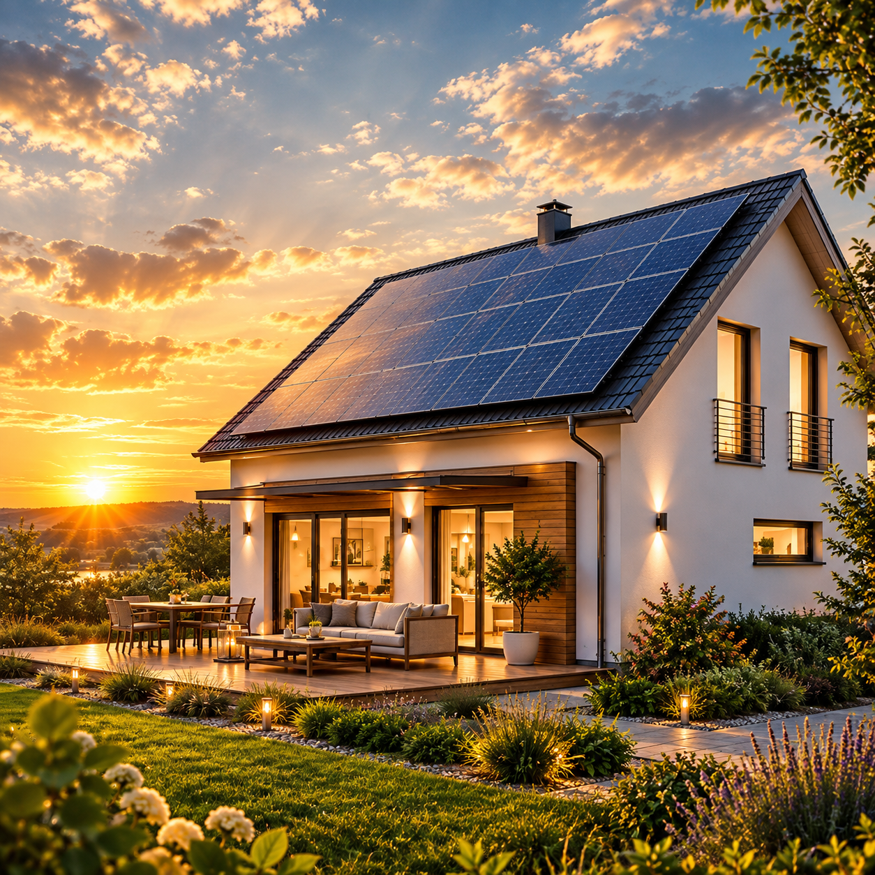Modernes Einfamilienhaus mit Photovoltaikanlage bei Sonnenuntergang